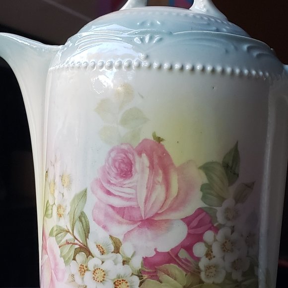 ANTIQUE GERMAN PORCELAIN CERAMIC PINK ROSES CHOCOLATE COFFEE TEA POT - Picture 3 of 14